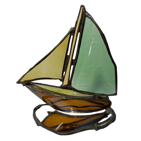 Stained Glass Sailboat Figurine Stnding Mirrored Base 6" Tall Green Yellow Brown - Picture 1 of 8